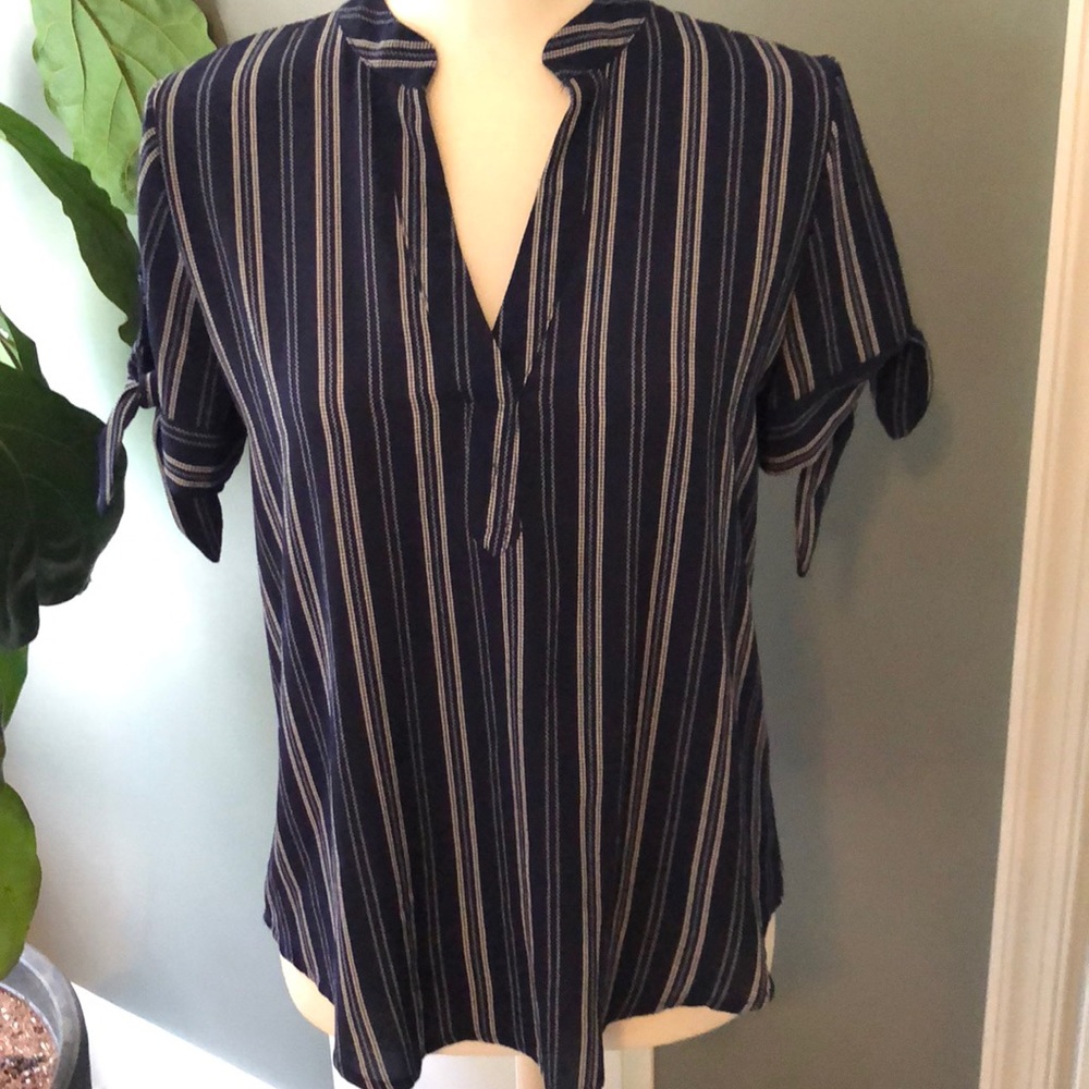 Blue and White Striped Blouse with Tie Sleeves